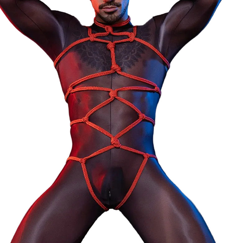 Men's Elastic Red Rope Bondage Bodysuit with Silky Sheer Unitard