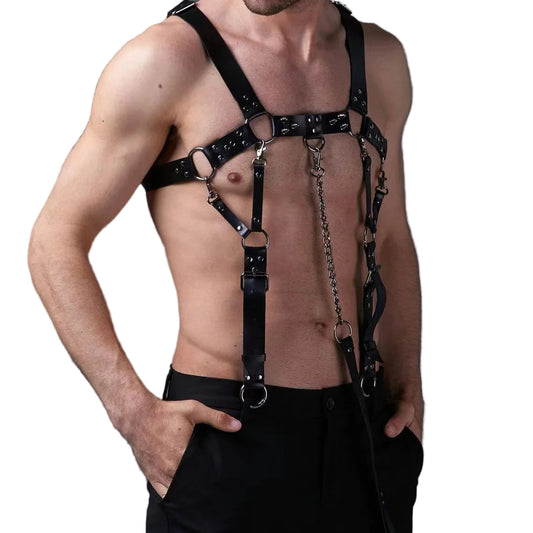 Men's Faux Leather Spike Detailed Harness Suspender with Leash