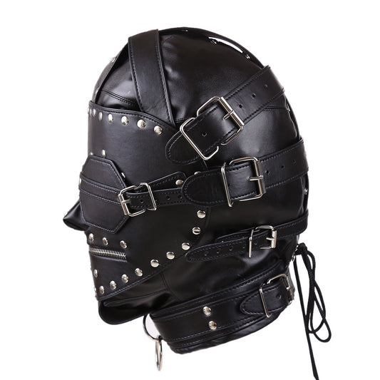 Fetish Bondage Studded Full Head Breathable Hood with Lock