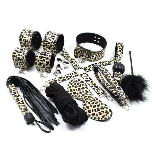 Leopard Print 10 Piece BDSM Restraint Fetish Bondage Starter Set