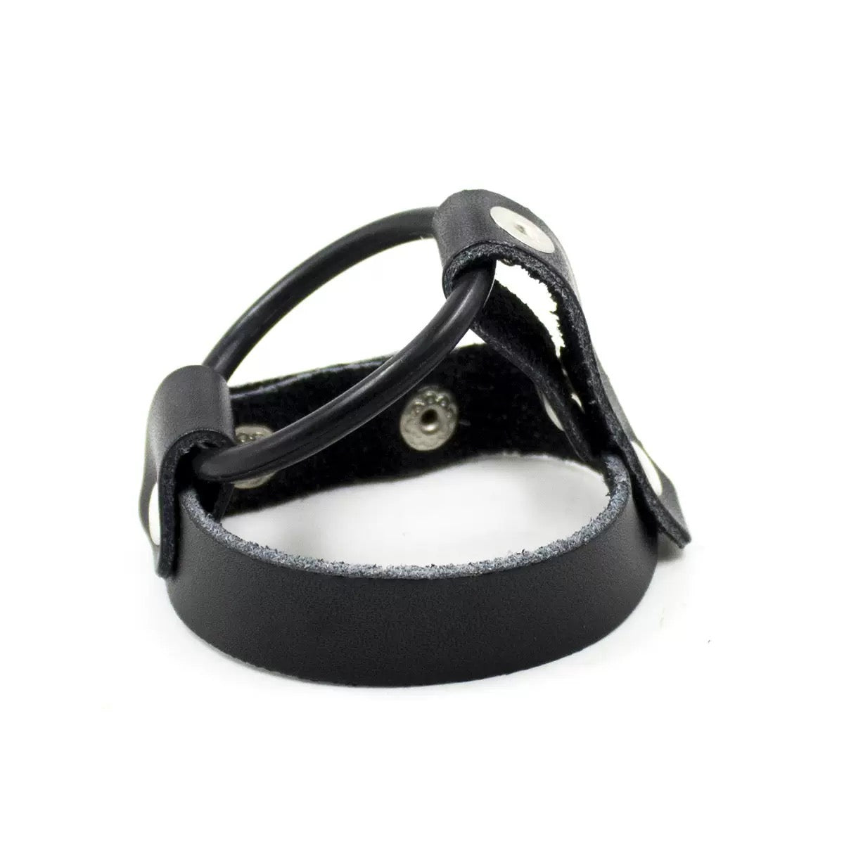 Correa de cuero sintético para pene y testículos con anillo de metal/goma
