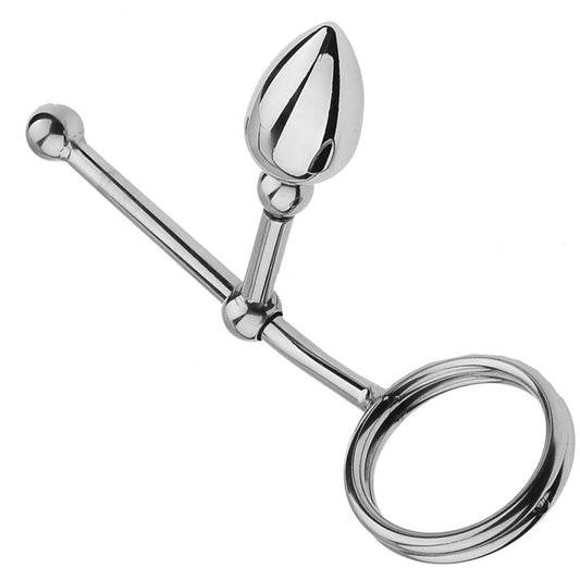 Stainless Steel Cock Ring with Slidable Anal Plug