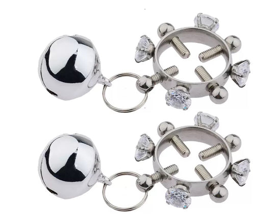 Rhinestone Four Way Screw Nipple Clamp with Chain and Bell