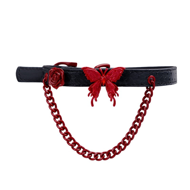 Handmade Red Butterfly & Rose Chocker & Leash Set – Snakeskin Printed Leather Adjustable Gothic Collar