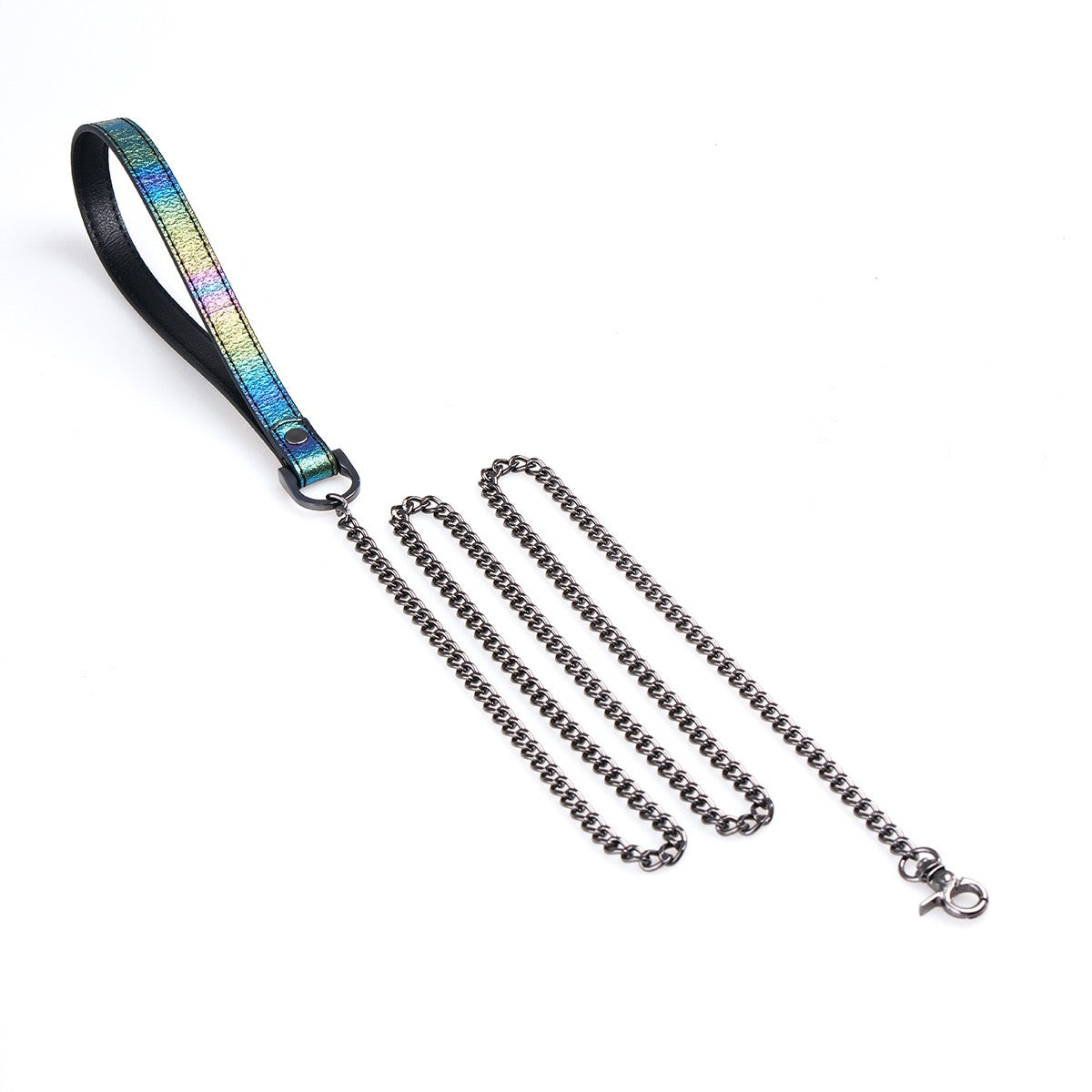 Handmade Rainbow Metallic Butterfly Choker – Laser Gradient Leather with Silver Butterfly, Spikes & Bell & Leash Set