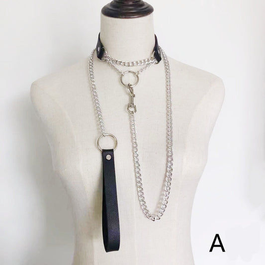 Adjustable faux leather chain choker with metal ring detail