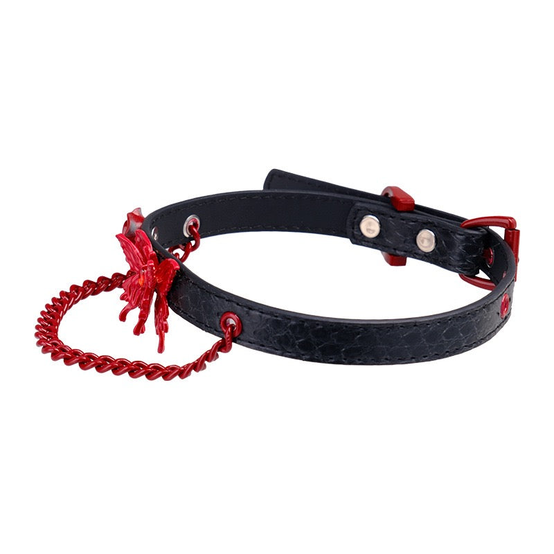 Top view of genuine leather butterfly and rose choker with textured finish