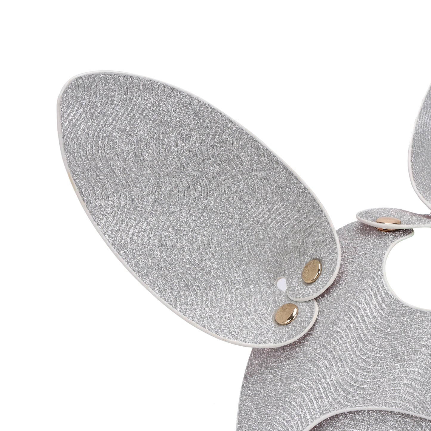 Close-up detail of silver glitter finish on bunny mask