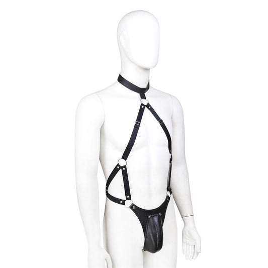 Left side profile of men’s halter harness thong