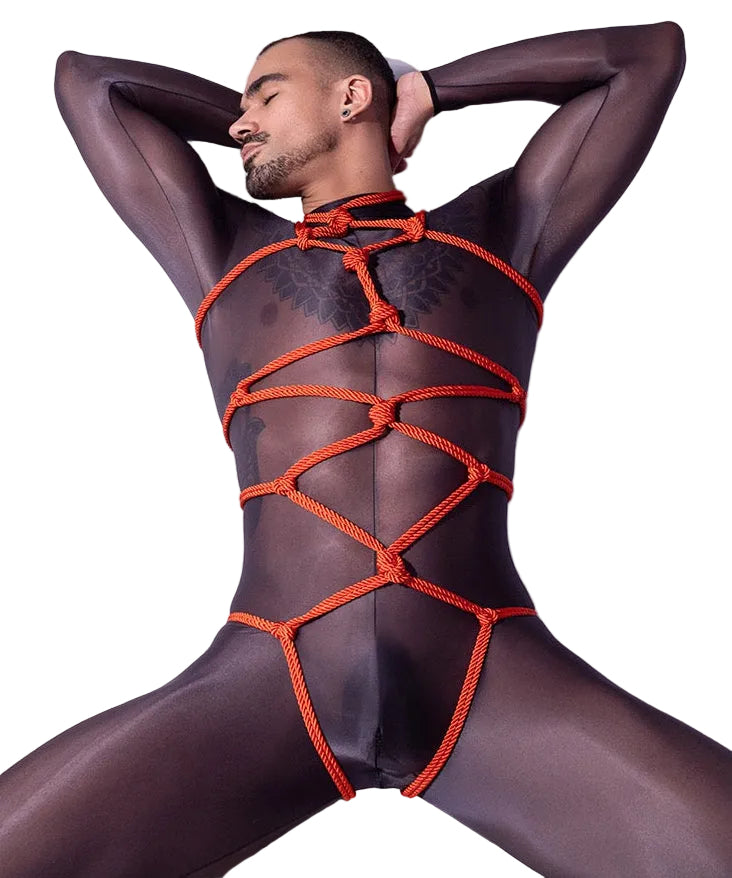 Full styling look of men’s red rope harness and sheer unitard set