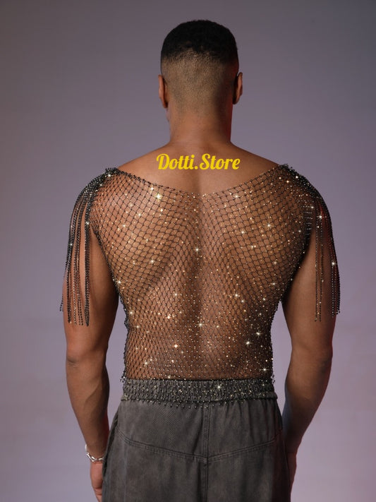 Back view of men’s fishnet tank top with shoulder tassels
