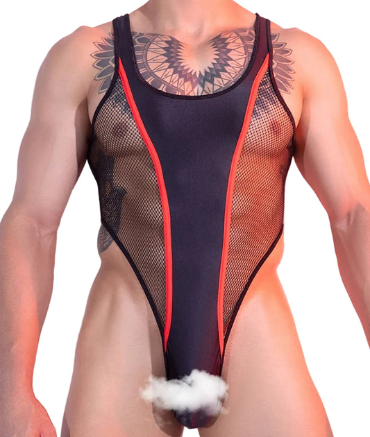 Men’s sheer satin mesh bodysuit with sculpted stretch fit