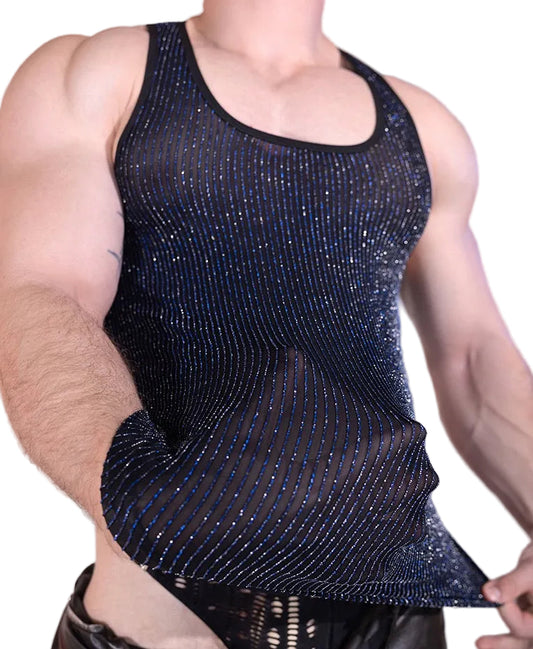 Close-up shimmer detail on men’s sheer sparkle tank top