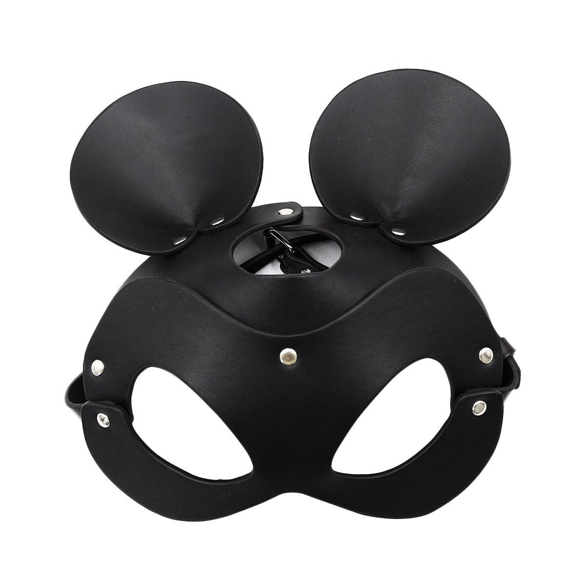 Stud detail of mouse-inspired studded faux leather character mask front view