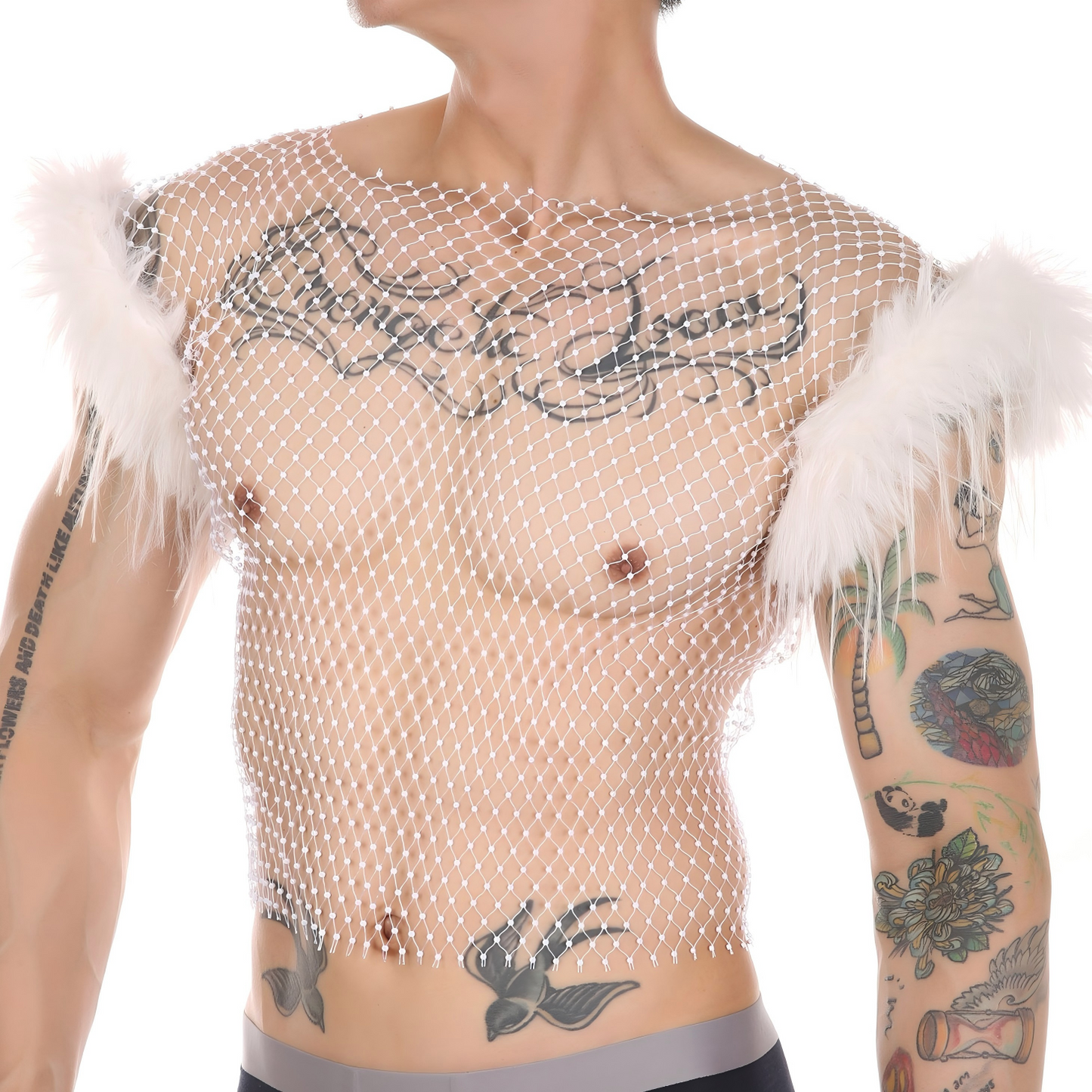 Top sin mangas de red con diamantes de imitación transparente y plumas
