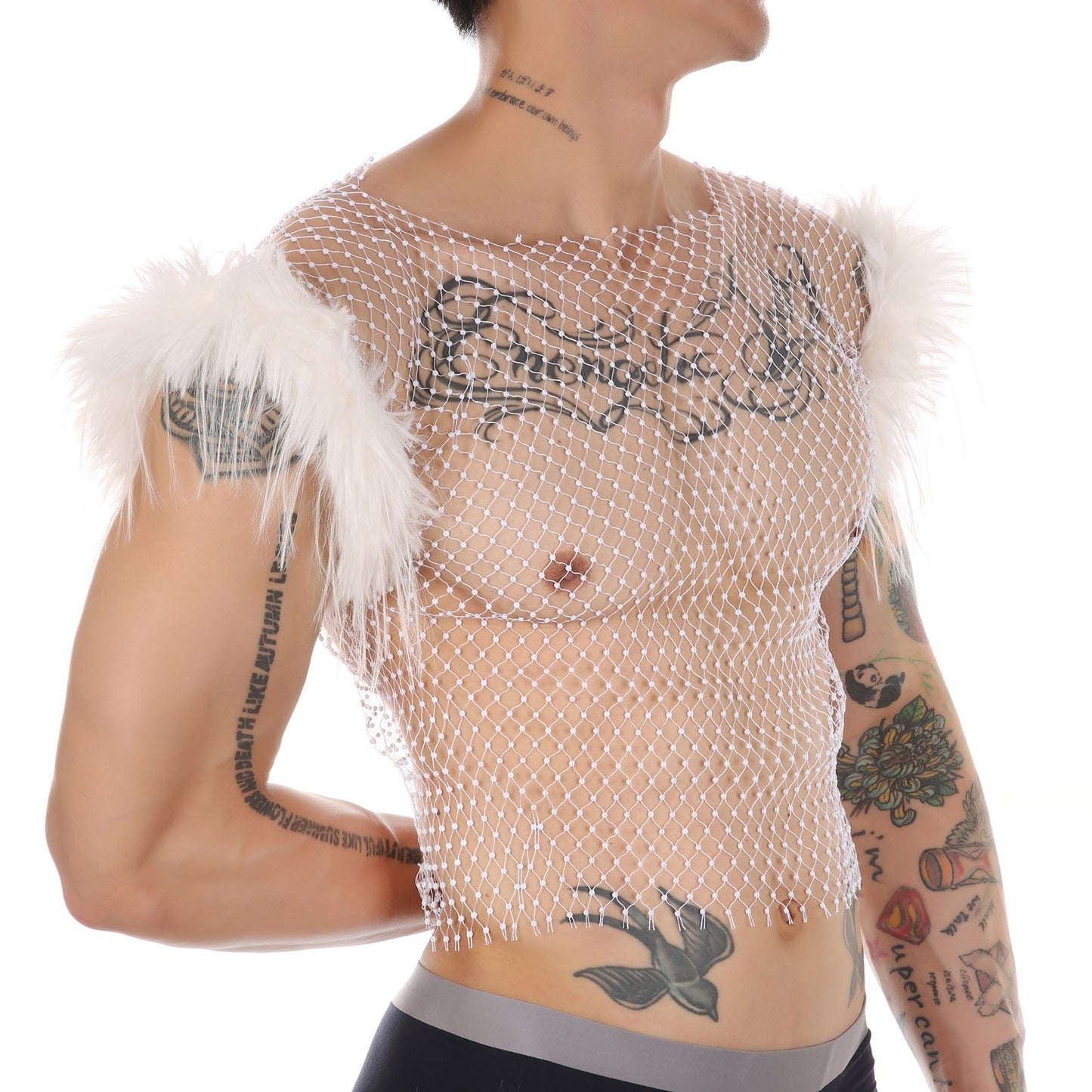 Top sin mangas de red con diamantes de imitación transparente y plumas