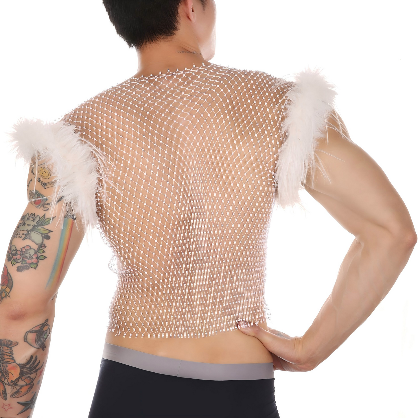 Top sin mangas de red con diamantes de imitación transparente y plumas