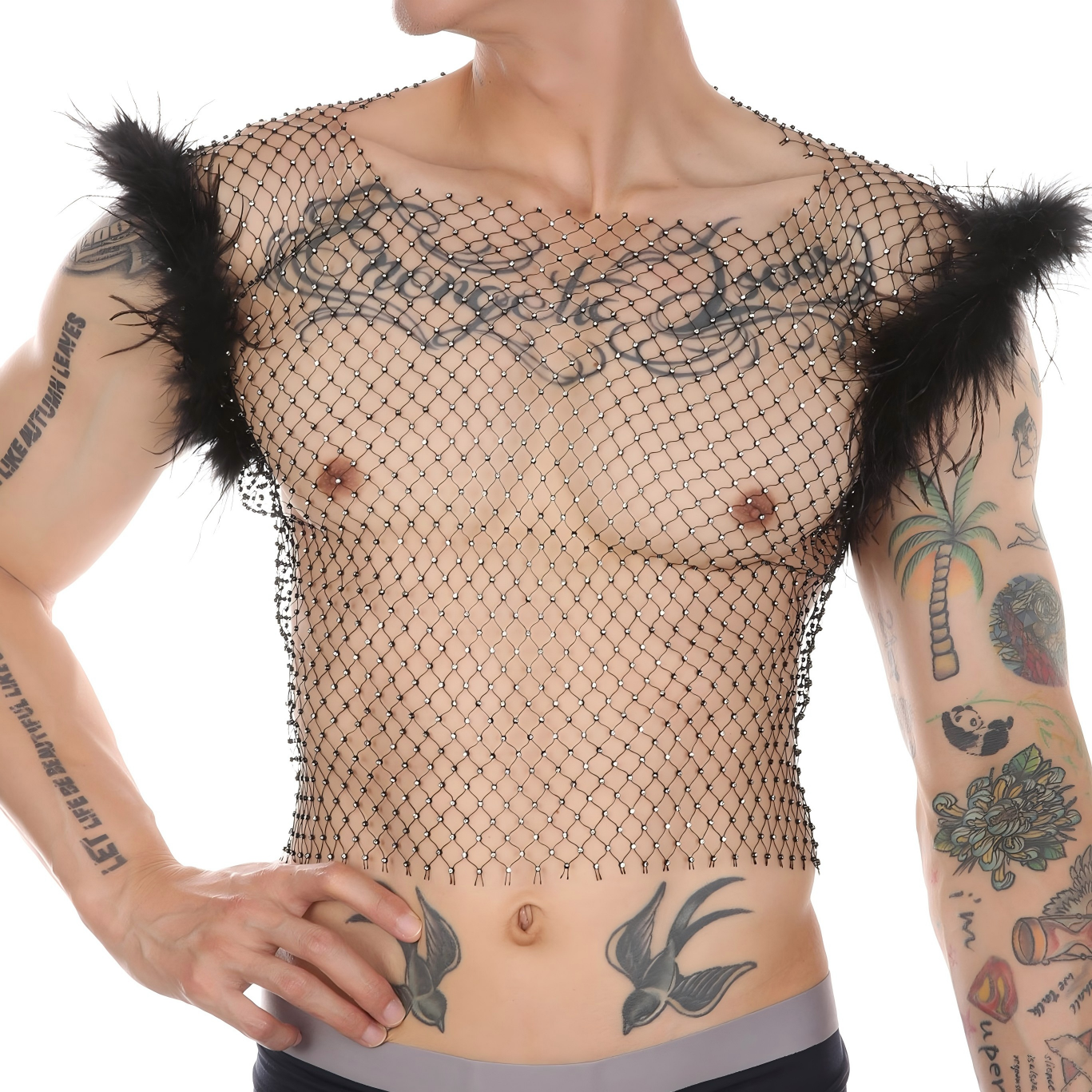 Top sin mangas de red con diamantes de imitación transparente y plumas