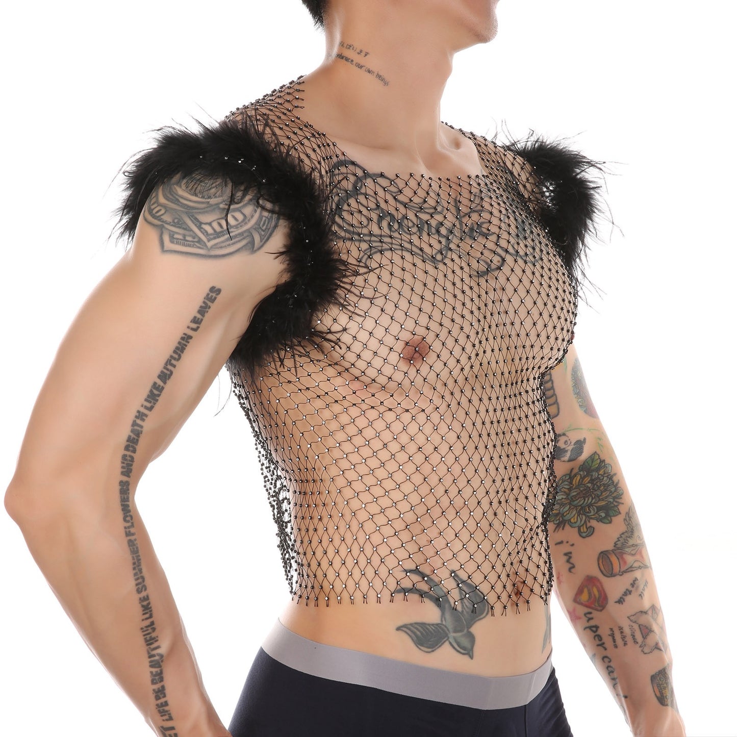 Top sin mangas de red con diamantes de imitación transparente y plumas