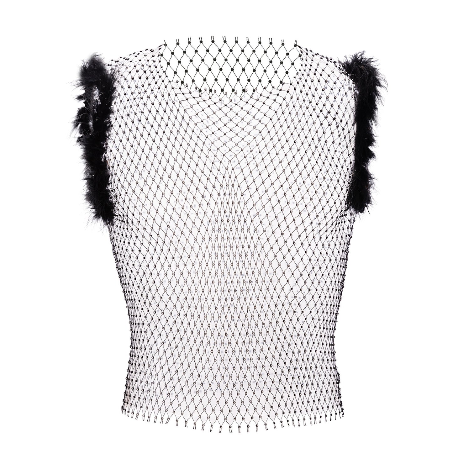 Top sin mangas de red con diamantes de imitación transparente y plumas