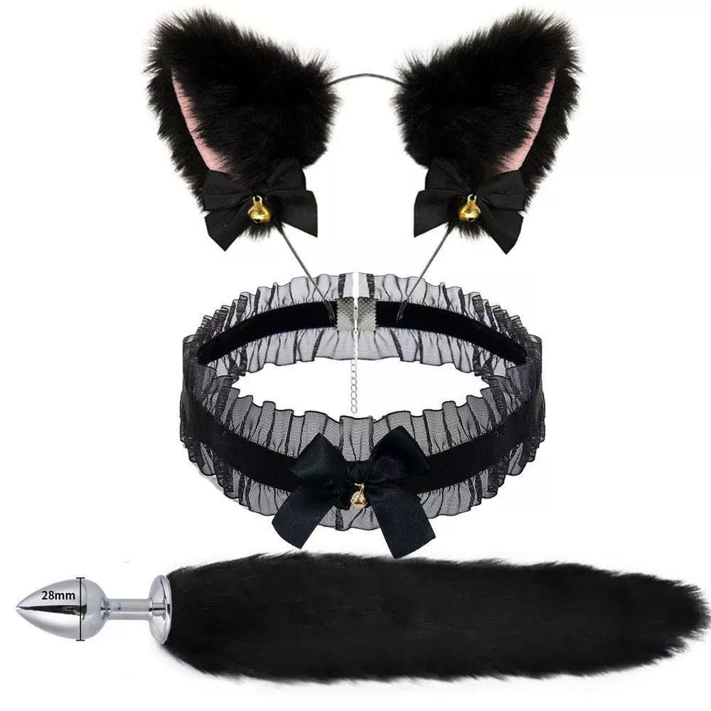 Juego de collar y orejas con tapón de cola de gato para mascotas
