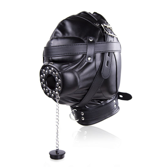 Fetish Bondage Full Head Breathable Hood with Mouth Opening Lid