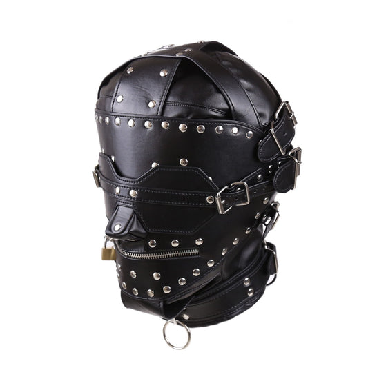 Fetish Bondage Studded Full Head Breathable Hood with Lock