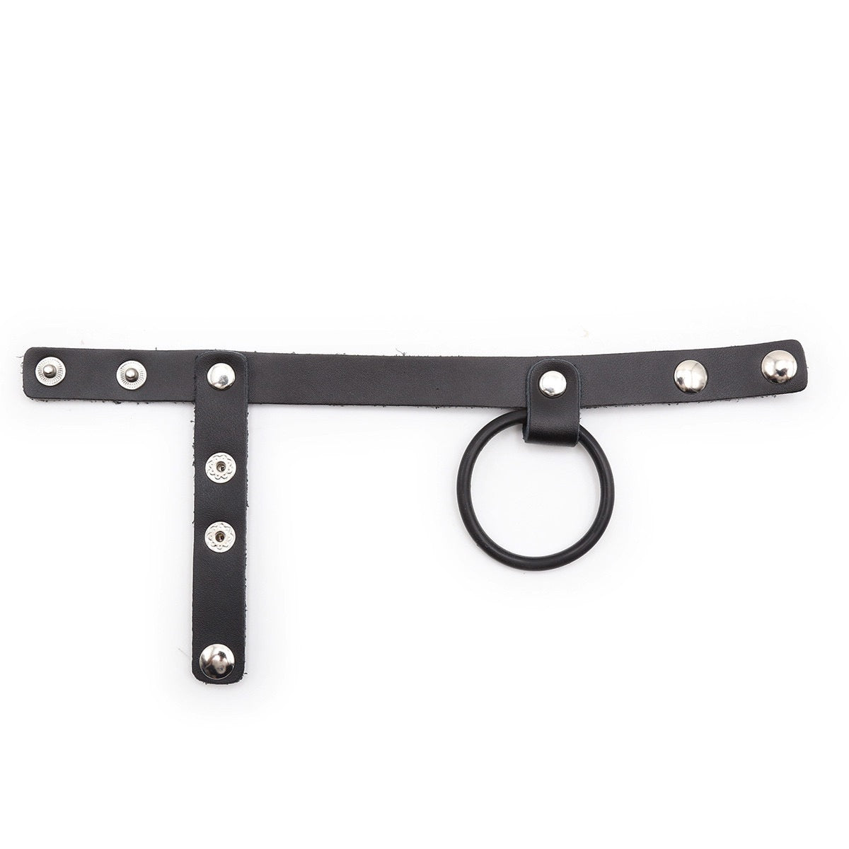 Correa de cuero sintético para pene y testículos con anillo de metal/goma