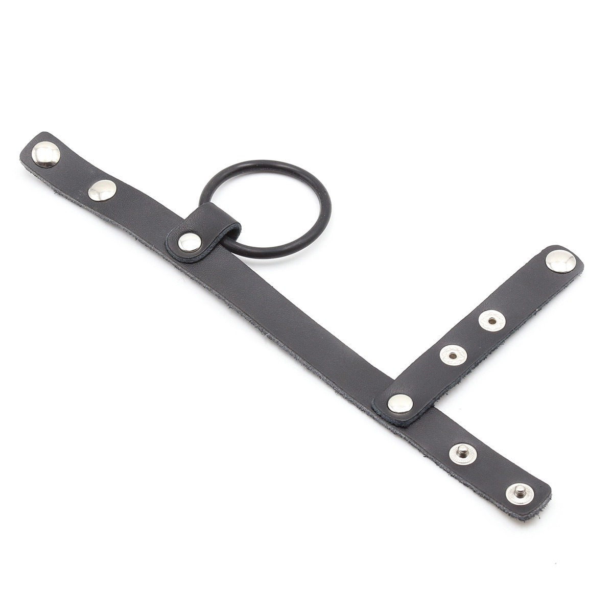 Correa de cuero sintético para pene y testículos con anillo de metal/goma