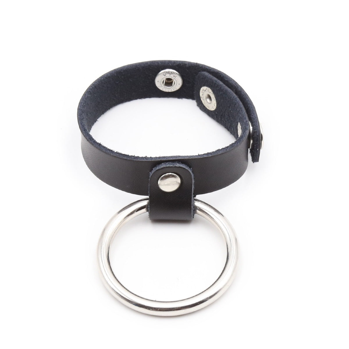 Correa de cuero sintético para pene y testículos con anillo de metal/goma