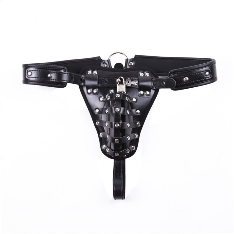 Men's Synthetic Leather Studded Chastity Belt G-String with Lock