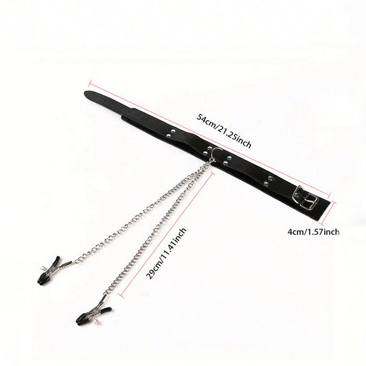 Adjustable Faux Leather Chocker with Nipple Clamp Chains