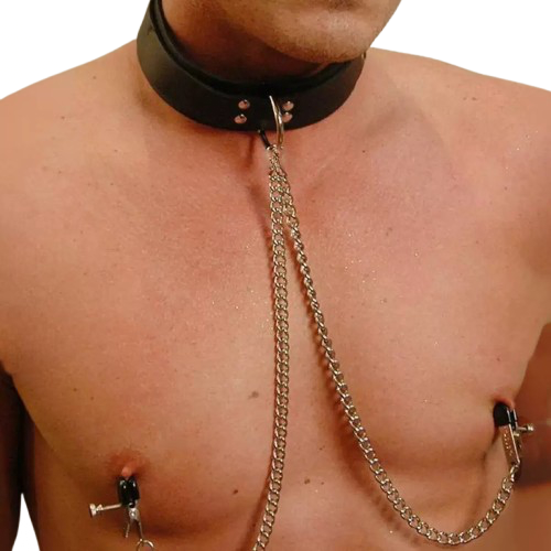 Adjustable Faux Leather Chocker with Nipple Clamp Chains