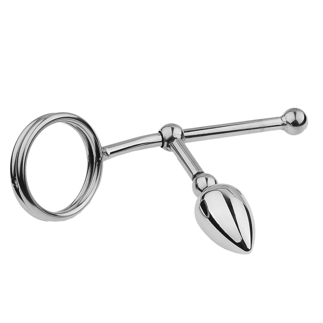 Anillo de acero inoxidable para el pene con tapón anal deslizable