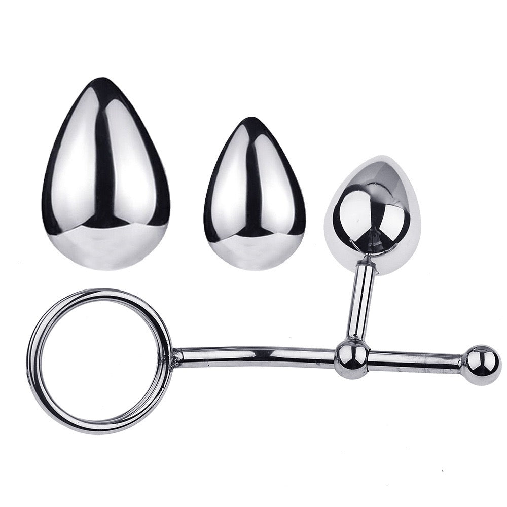 Anillo de acero inoxidable para el pene con tapón anal deslizable