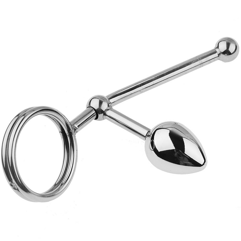 Anillo de acero inoxidable para el pene con tapón anal deslizable