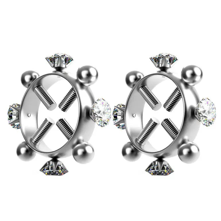 Abrazadera para pezón de acero inoxidable con cuatro tornillos y diamantes de imitación, con cadena y campana.