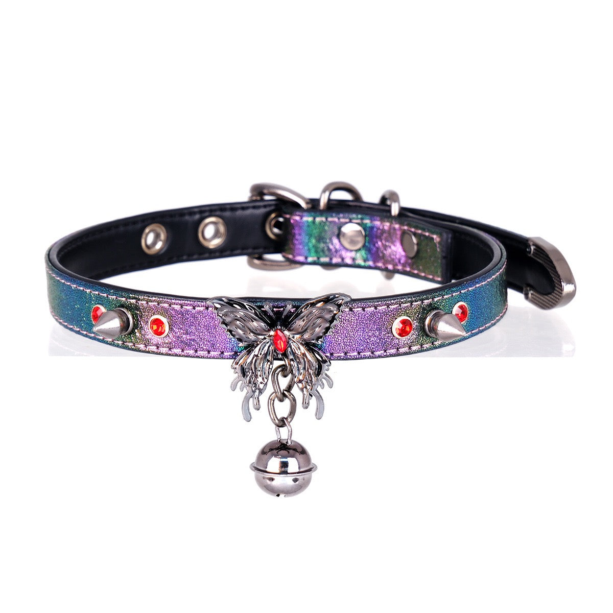 Handmade Rainbow Metallic Butterfly Choker – Laser Gradient Leather with Silver Butterfly, Spikes &amp; Bell &amp; Leash Set