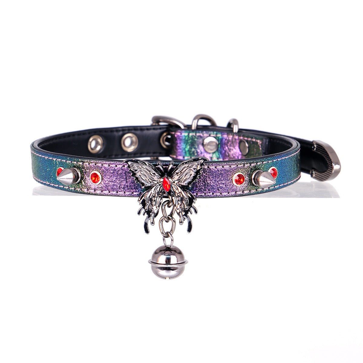 Handmade Rainbow Metallic Butterfly Choker – Laser Gradient Leather with Silver Butterfly, Spikes &amp; Bell &amp; Leash Set