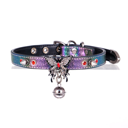 Handmade Rainbow Metallic Butterfly Choker – Laser Gradient Leather with Silver Butterfly, Spikes & Bell & Leash Set
