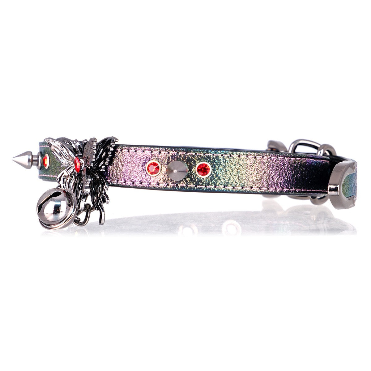 Handmade Rainbow Metallic Butterfly Choker – Laser Gradient Leather with Silver Butterfly, Spikes &amp; Bell &amp; Leash Set