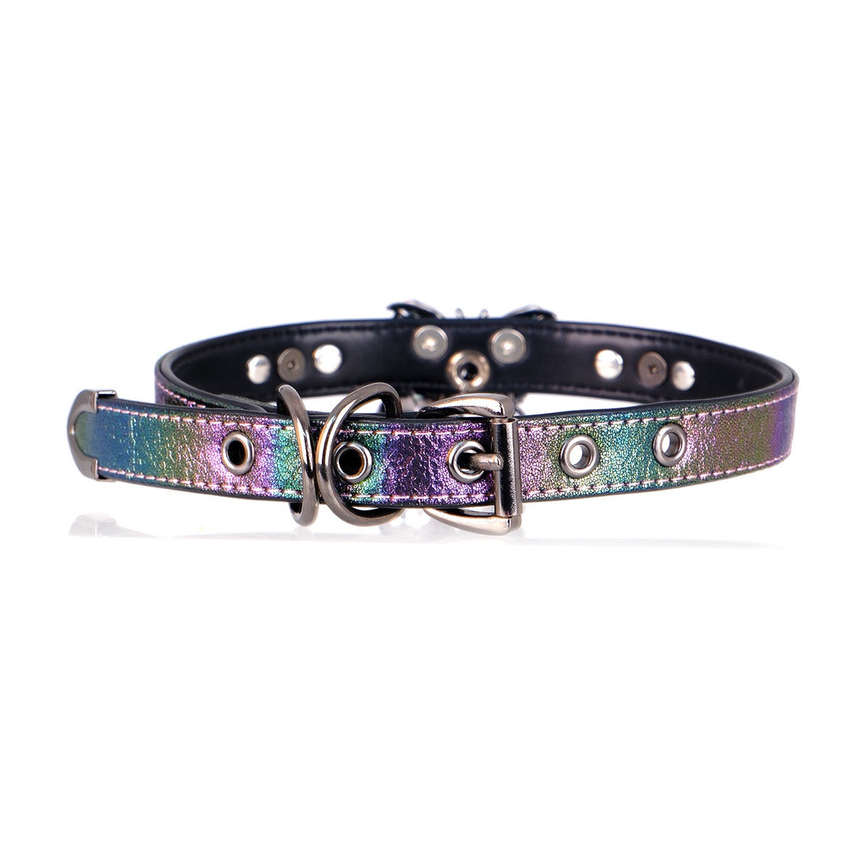 Handmade Rainbow Metallic Butterfly Choker – Laser Gradient Leather with Silver Butterfly, Spikes &amp; Bell &amp; Leash Set