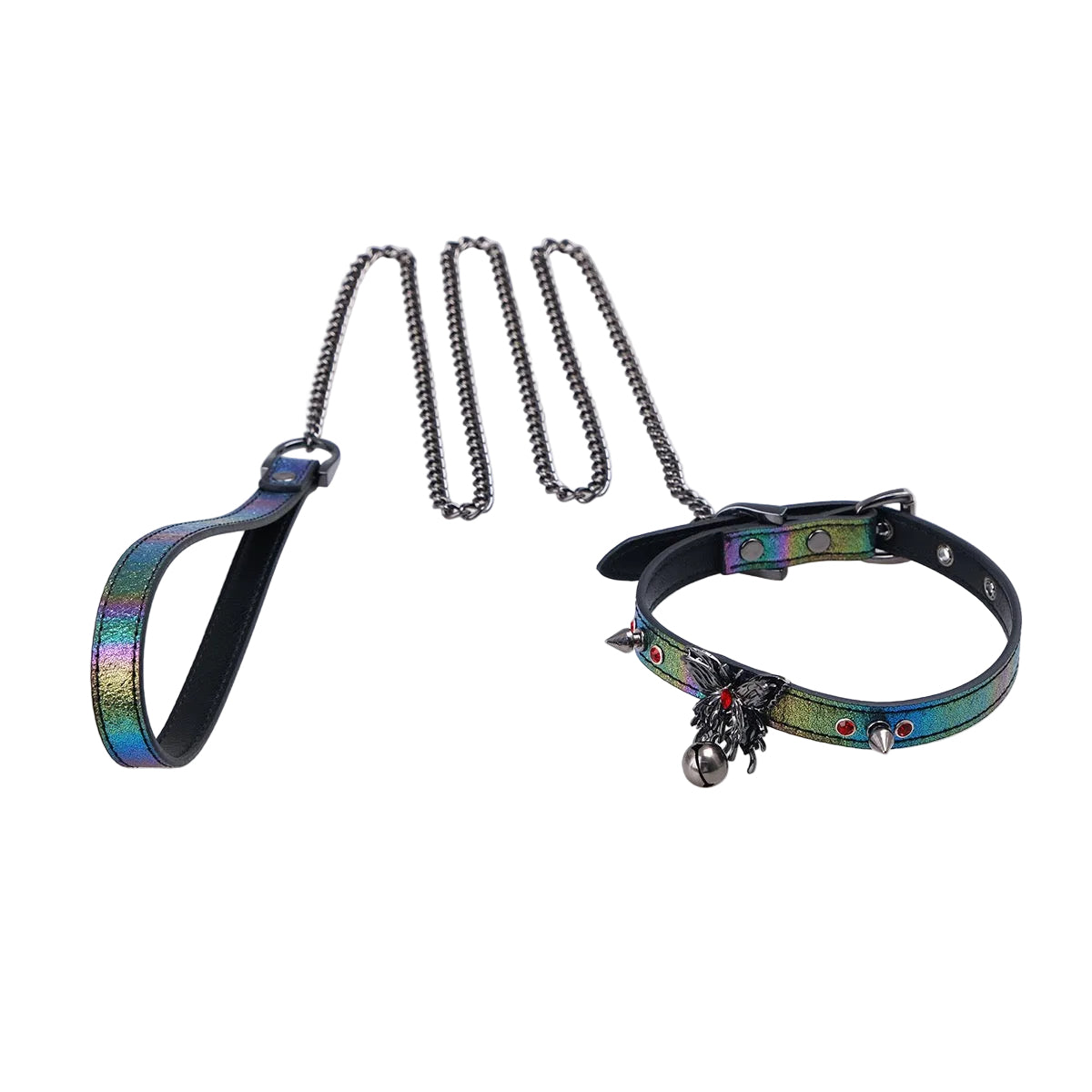 Handmade Rainbow Metallic Butterfly Choker – Laser Gradient Leather with Silver Butterfly, Spikes &amp; Bell &amp; Leash Set