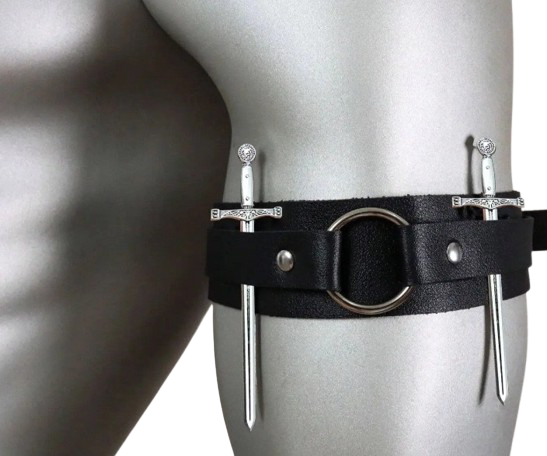 Adjustable leather arm band with decorative sword details and metal ring hardware