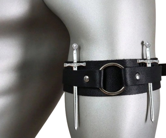 Adjustable leather arm band with decorative sword details and metal ring hardware