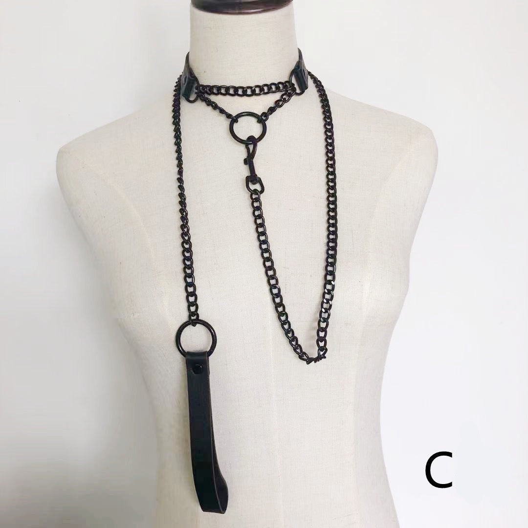 Faux leather choker featuring layered chain details