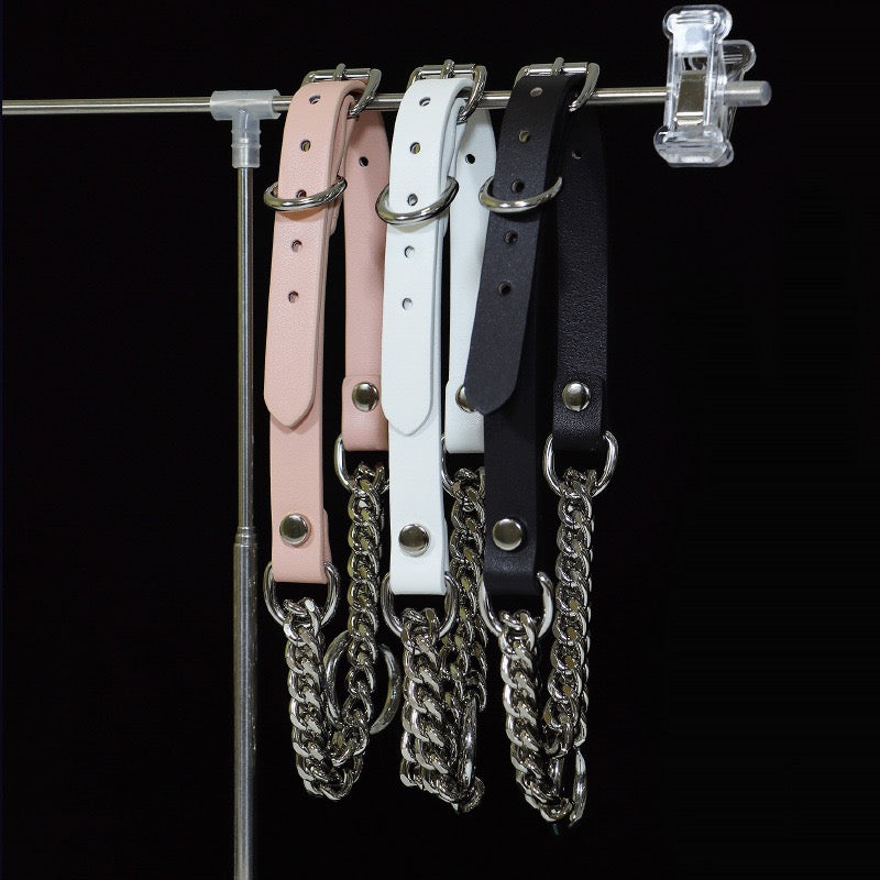 Collection of faux leather chain link chokers in multiple colors