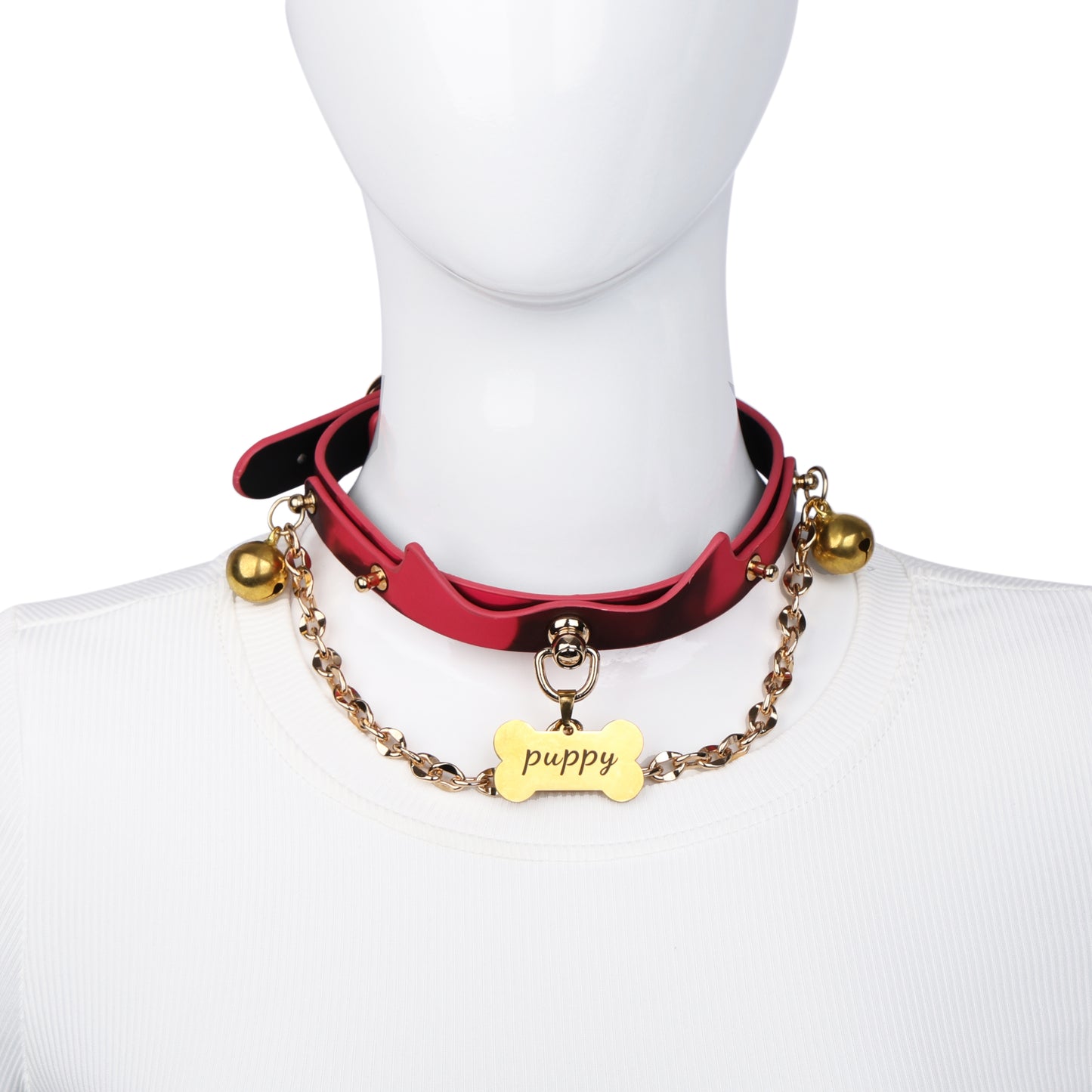 Heat reactive gold bell choker displayed on mannequin neck