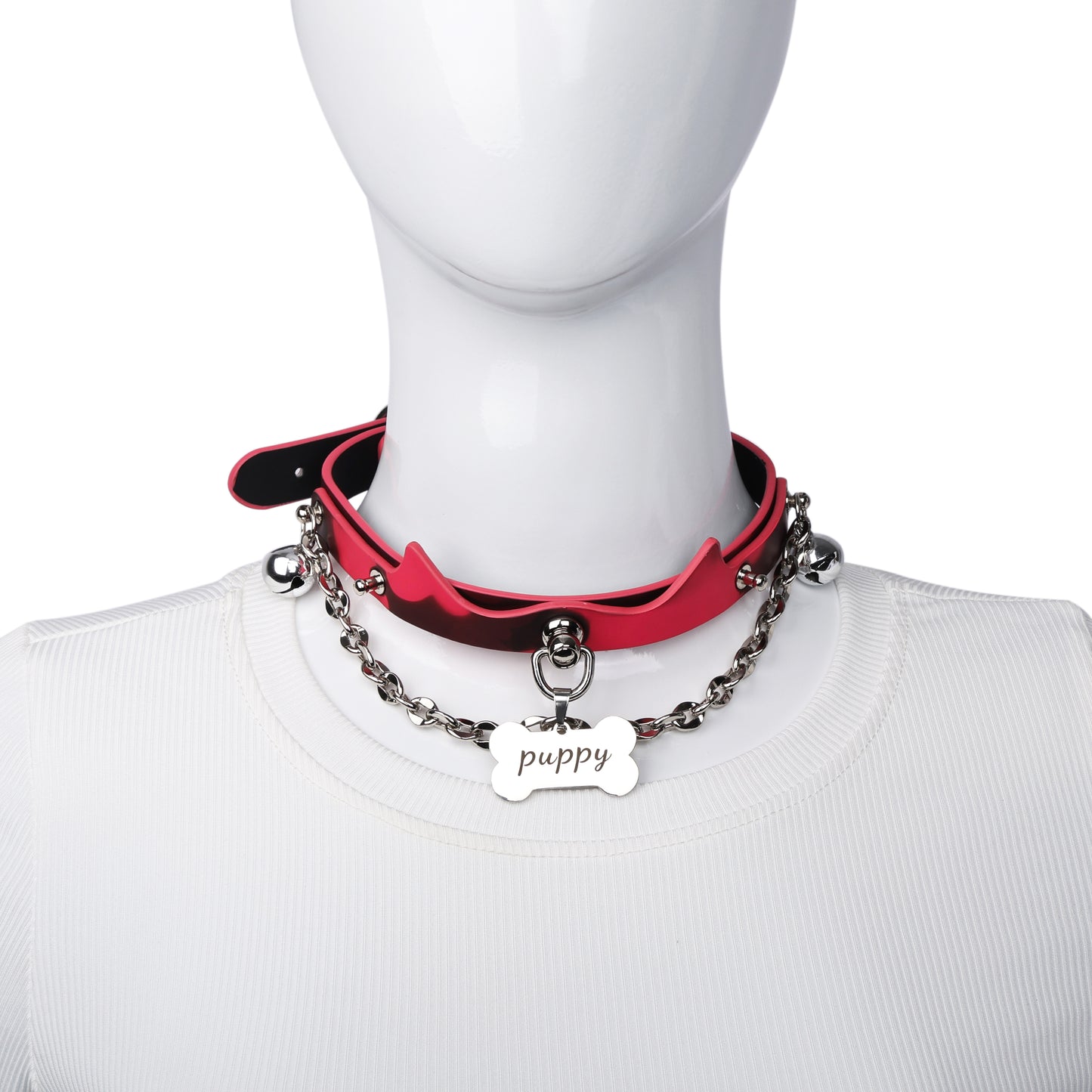 Heat reactive silver bell choker displayed on mannequin neck