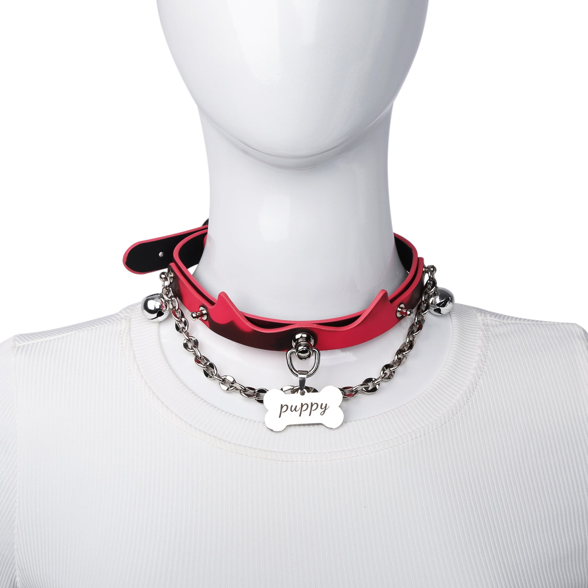 Heat reactive silver bell choker displayed on mannequin neck